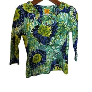 Ruby Red 3/4 sleeves Green Blue Print Top size Small